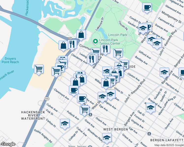 map of restaurants, bars, coffee shops, grocery stores, and more near 12 Miller Street in Jersey City