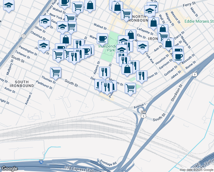 map of restaurants, bars, coffee shops, grocery stores, and more near 148 Delancy Street in Newark
