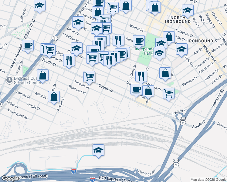 map of restaurants, bars, coffee shops, grocery stores, and more near 292 South Street in Newark