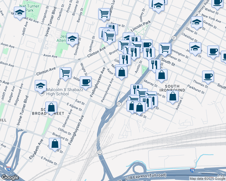 map of restaurants, bars, coffee shops, grocery stores, and more near 137 Pennsylvania Avenue in Newark