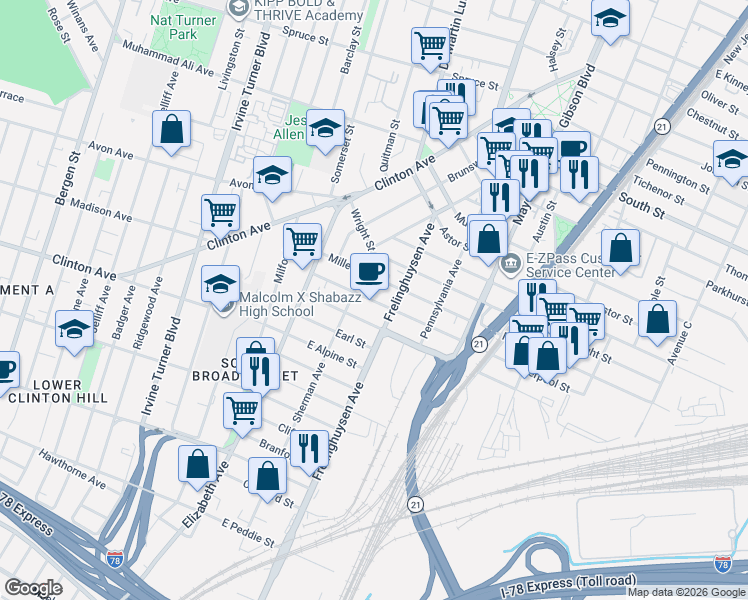 map of restaurants, bars, coffee shops, grocery stores, and more near 123 Miller Street in Newark