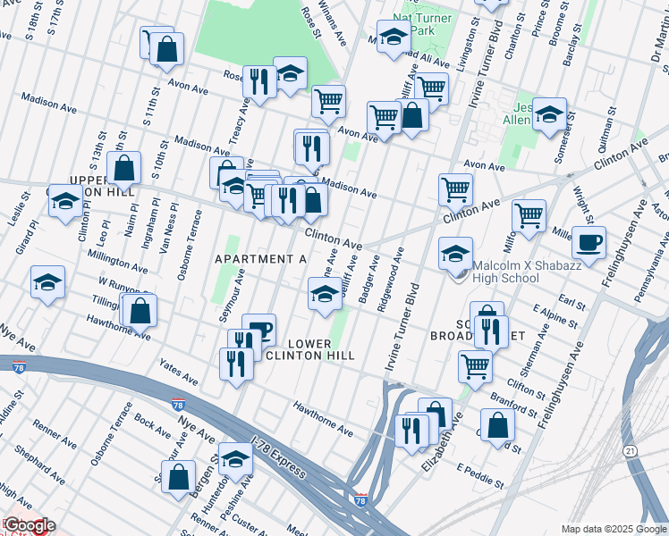 map of restaurants, bars, coffee shops, grocery stores, and more near 203 Peshine Avenue in Newark