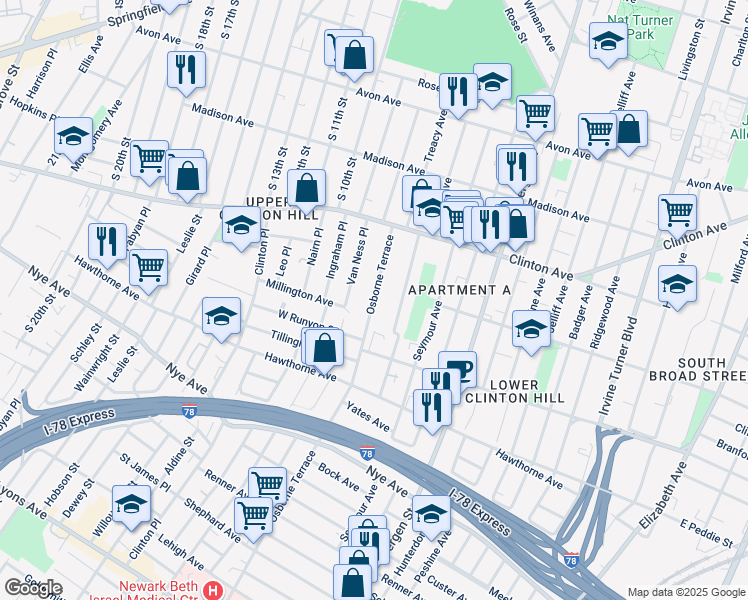 map of restaurants, bars, coffee shops, grocery stores, and more near 54-56 Osborne Terrace in Newark