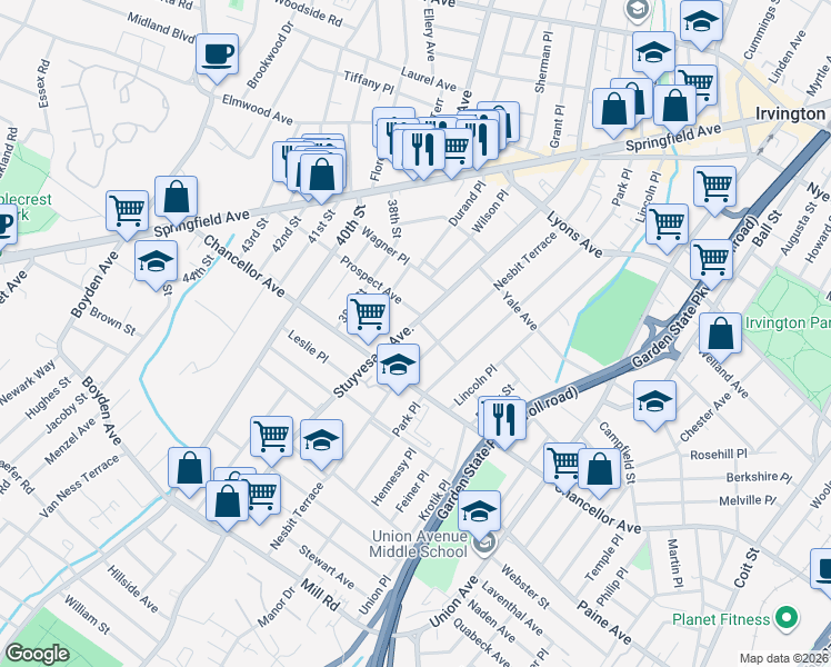 map of restaurants, bars, coffee shops, grocery stores, and more near 804 Stuyvesant Avenue in Irvington