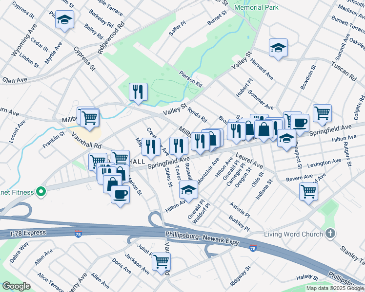 map of restaurants, bars, coffee shops, grocery stores, and more near 39 Mildred Terrace in Union