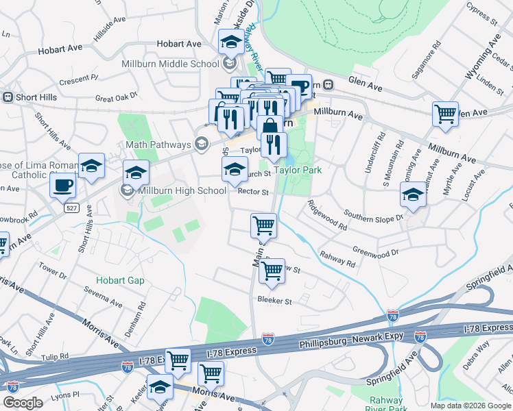 map of restaurants, bars, coffee shops, grocery stores, and more near 30B Rector Street in Essex County