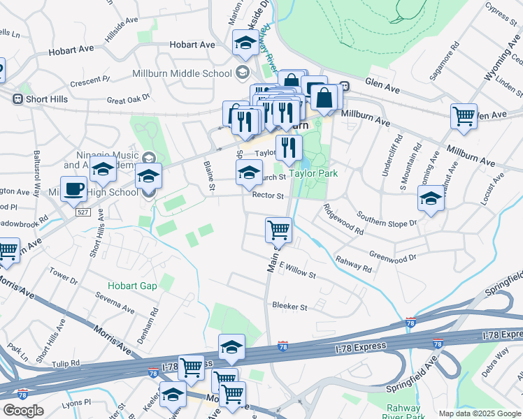 map of restaurants, bars, coffee shops, grocery stores, and more near 30B Rector Street in Essex County