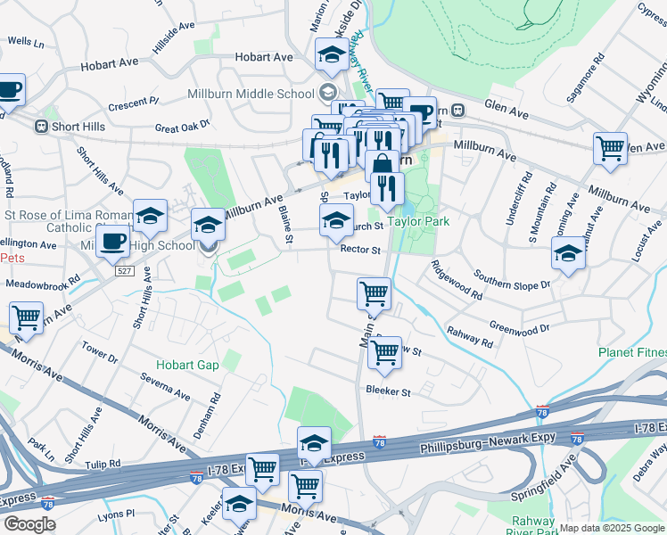 map of restaurants, bars, coffee shops, grocery stores, and more near 60 Rector Street in Essex County