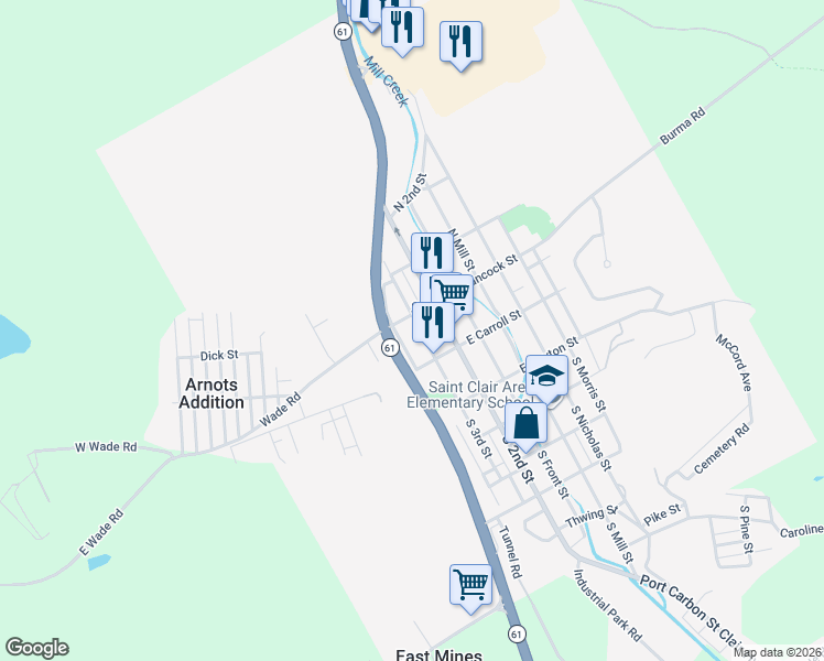 map of restaurants, bars, coffee shops, grocery stores, and more near 100 North 3rd Street in Saint Clair