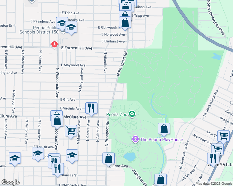 map of restaurants, bars, coffee shops, grocery stores, and more near 1305 East Seneca Place in Peoria