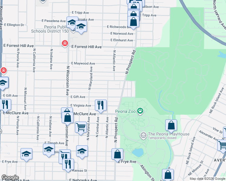 map of restaurants, bars, coffee shops, grocery stores, and more near 1235 East Seneca Place in Peoria