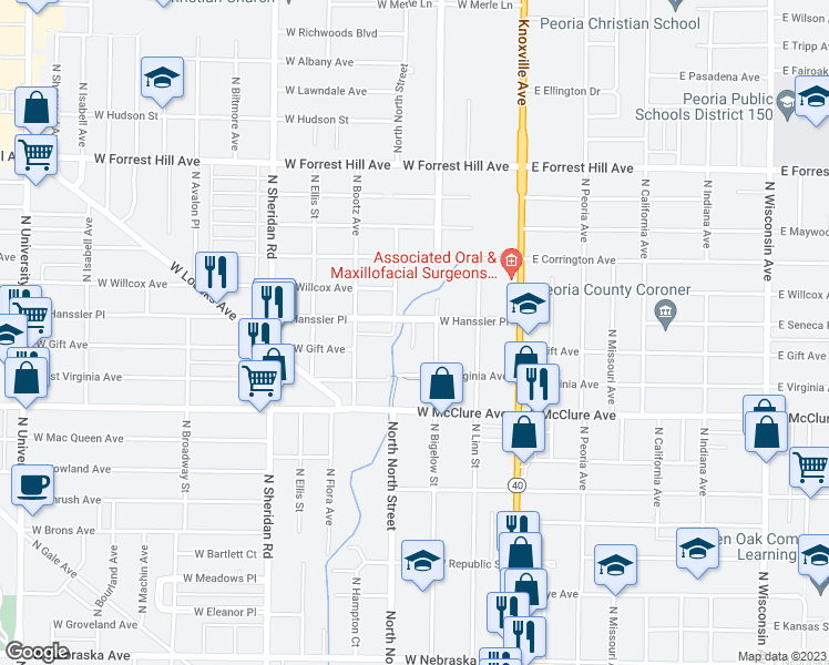 map of restaurants, bars, coffee shops, grocery stores, and more near 311 West Hanssler Place in Peoria