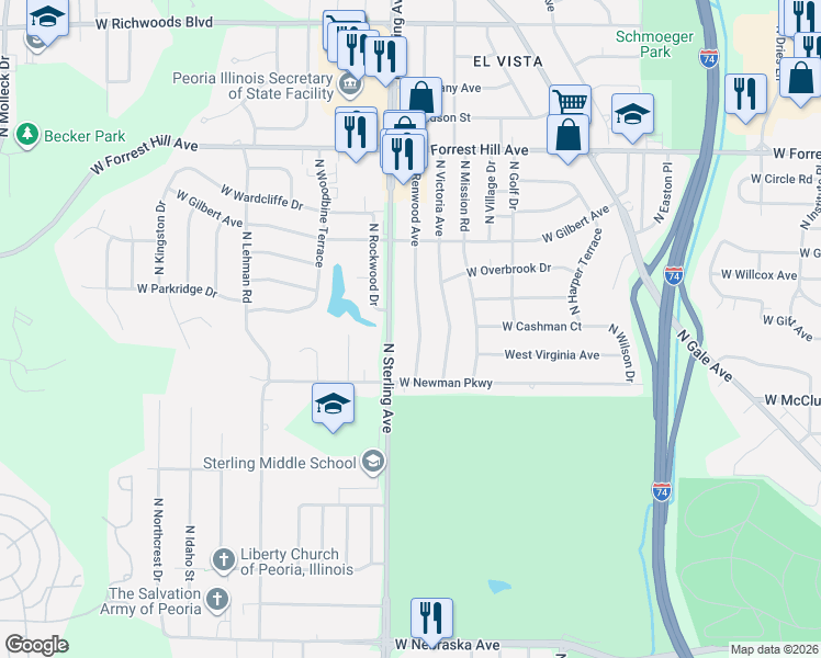 map of restaurants, bars, coffee shops, grocery stores, and more near 2702-2706 North Renwood Avenue in Peoria