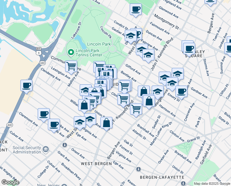map of restaurants, bars, coffee shops, grocery stores, and more near 785 Communipaw Avenue in Jersey City