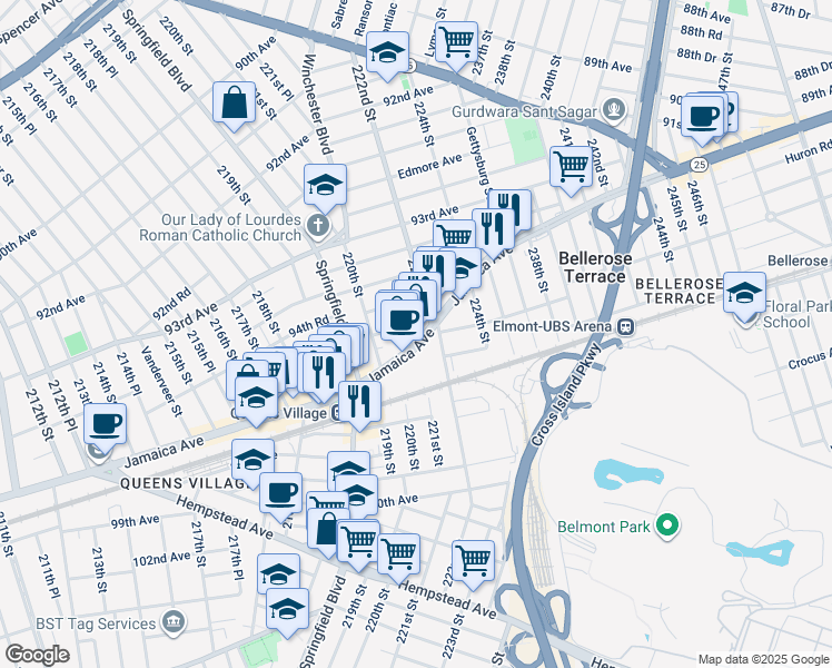 map of restaurants, bars, coffee shops, grocery stores, and more near 222-1 Jamaica Avenue in Queens