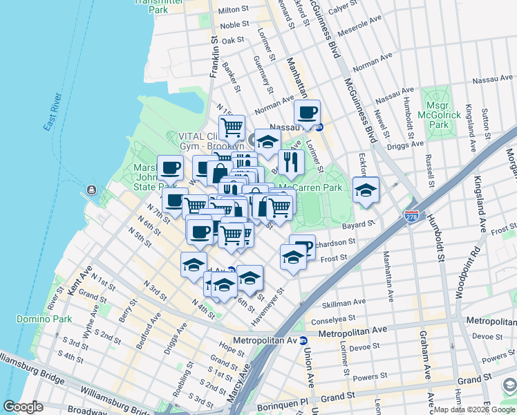 map of restaurants, bars, coffee shops, grocery stores, and more near 95 Bedford Avenue in Brooklyn