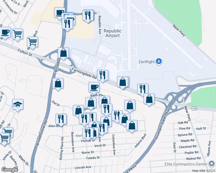 map of restaurants, bars, coffee shops, grocery stores, and more near 222 Route 109 in Farmingdale