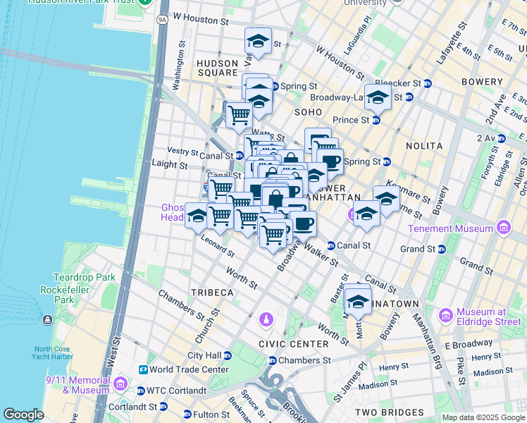 map of restaurants, bars, coffee shops, grocery stores, and more near 33 Lispenard Street in New York