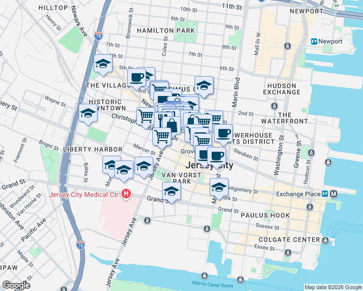map of restaurants, bars, coffee shops, grocery stores, and more near 524 Jersey Avenue in Jersey City