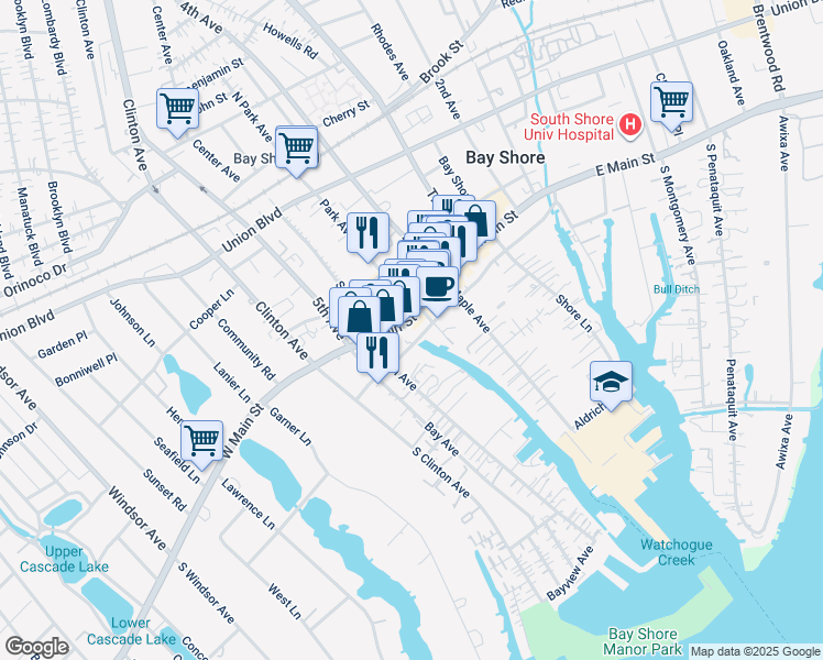 map of restaurants, bars, coffee shops, grocery stores, and more near 80 East Main Street in Bay Shore