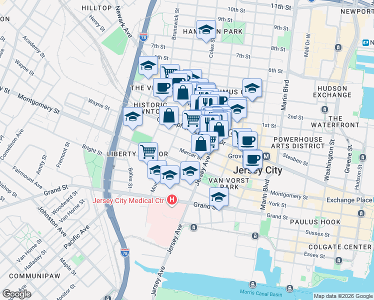 map of restaurants, bars, coffee shops, grocery stores, and more near 153-139 Wayne Street in Jersey City