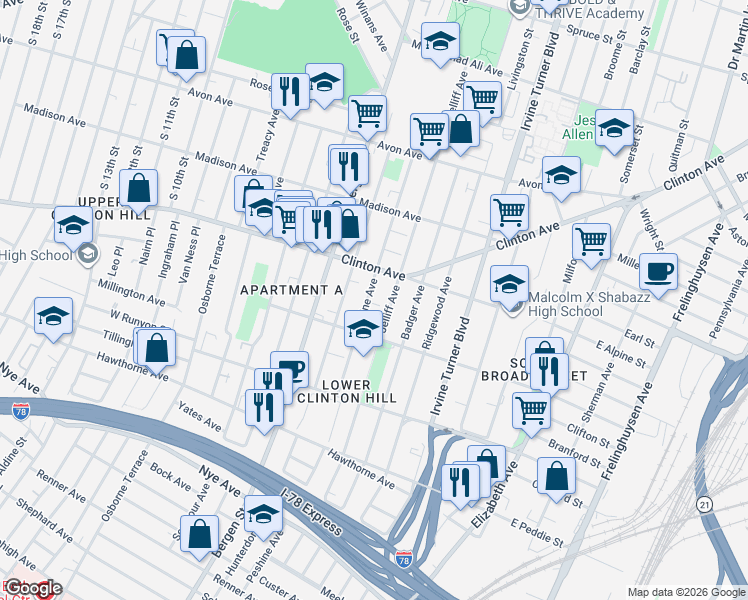 map of restaurants, bars, coffee shops, grocery stores, and more near 216 Peshine Avenue in Newark