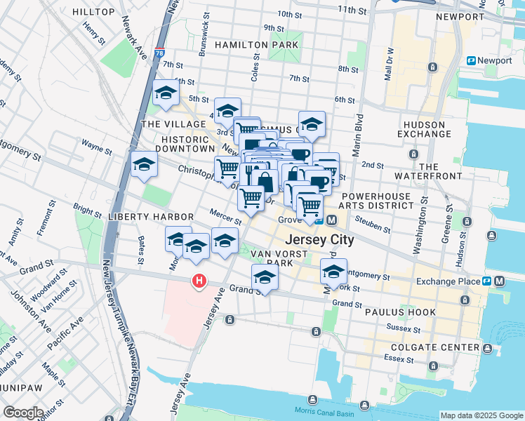 map of restaurants, bars, coffee shops, grocery stores, and more near 524 Jersey Avenue in Jersey City