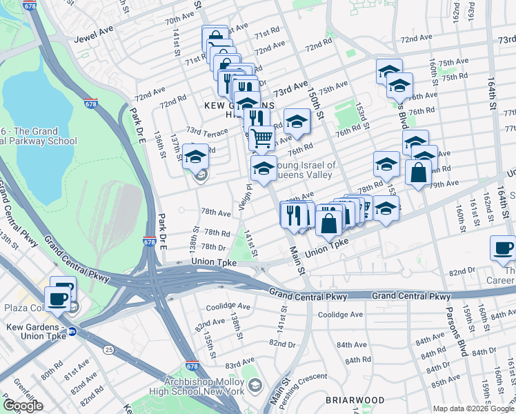 map of restaurants, bars, coffee shops, grocery stores, and more near 141-25 Vleigh Place in Queens