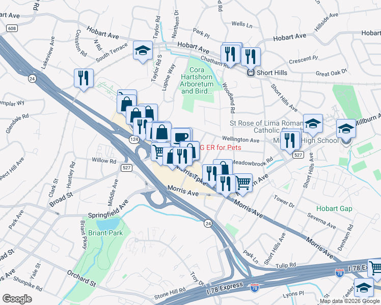 map of restaurants, bars, coffee shops, grocery stores, and more near 15 Canterbury Lane in Essex County