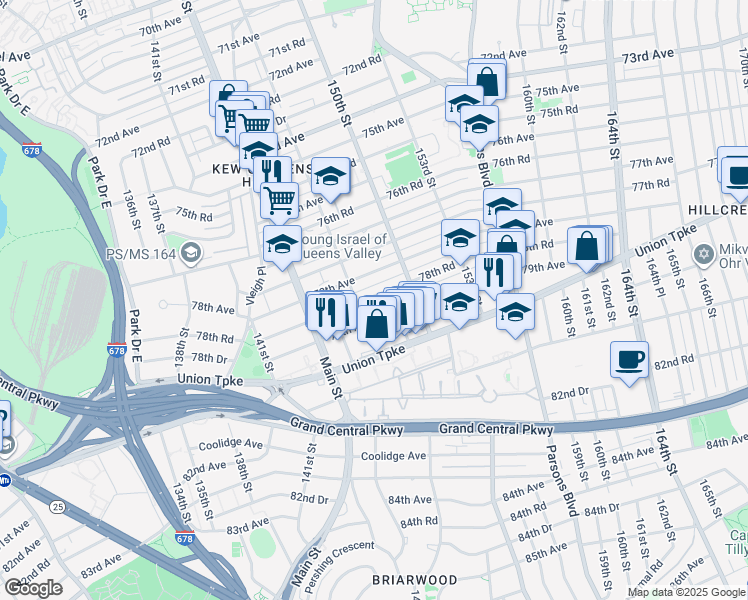 map of restaurants, bars, coffee shops, grocery stores, and more near 147-35 78th Road in Queens