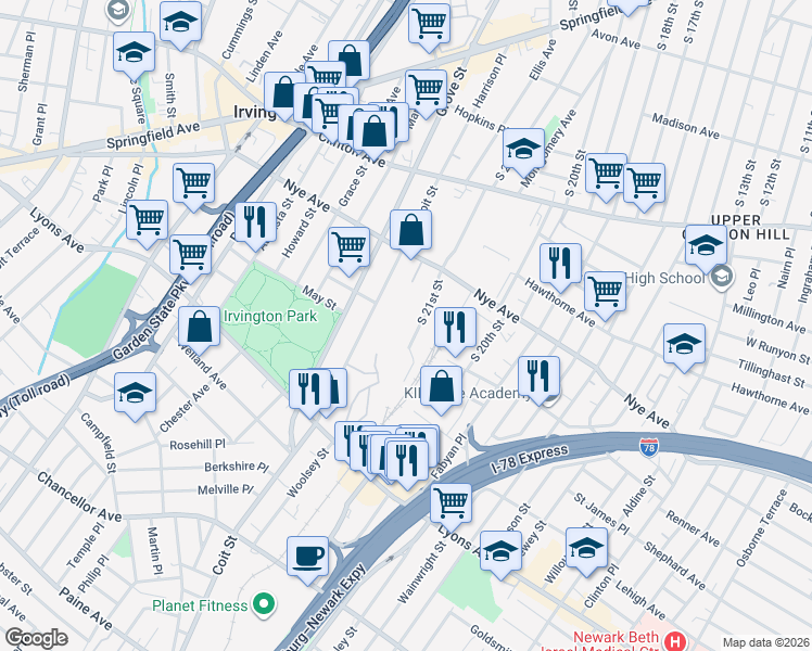 map of restaurants, bars, coffee shops, grocery stores, and more near 669 South 21st Street in Irvington