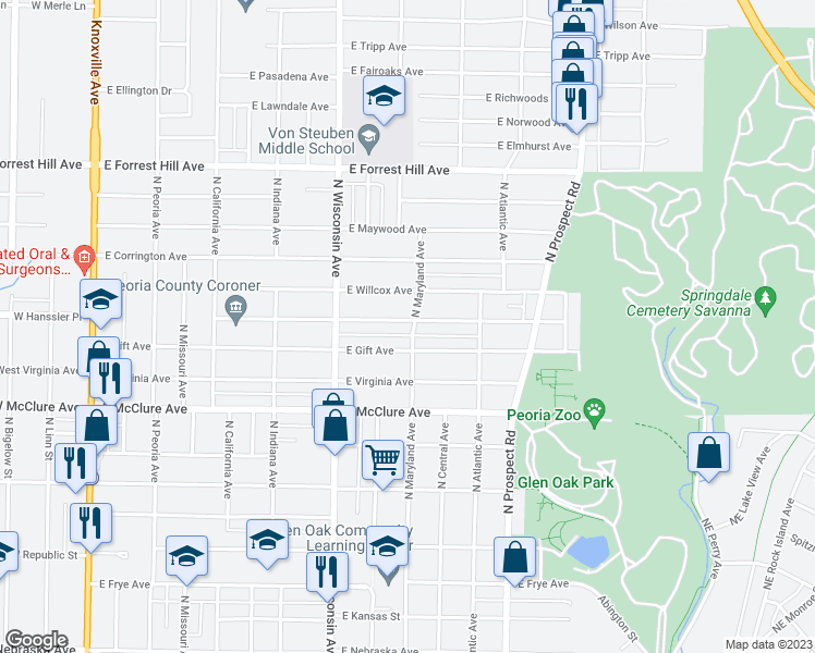 map of restaurants, bars, coffee shops, grocery stores, and more near 916 East Seneca Place in Peoria