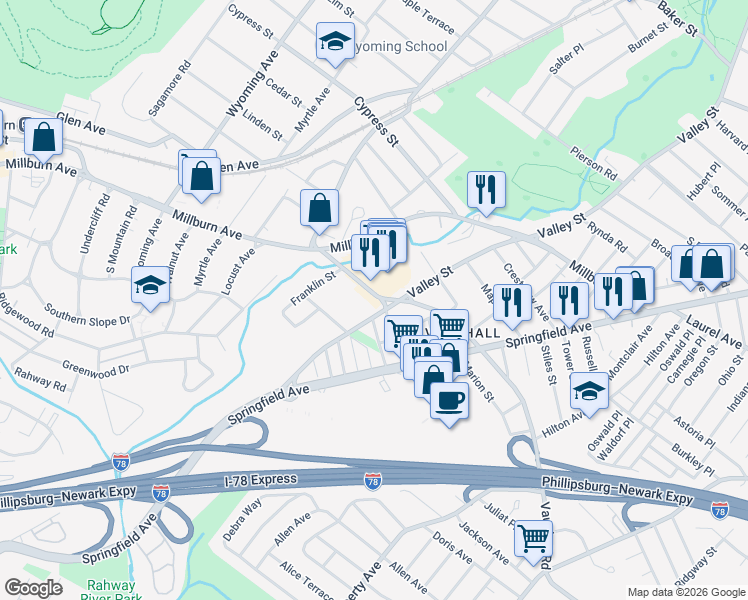map of restaurants, bars, coffee shops, grocery stores, and more near 2933 Vauxhall Road in Union