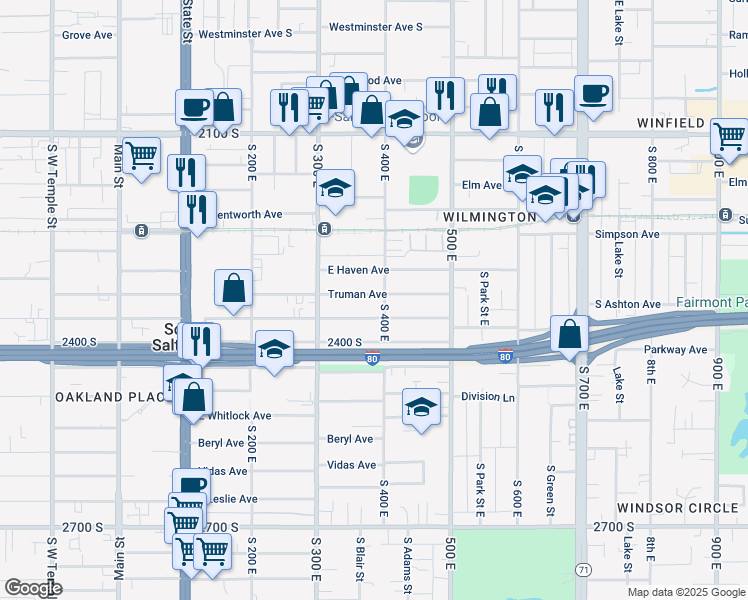 map of restaurants, bars, coffee shops, grocery stores, and more near 379 East Truman Avenue in South Salt Lake