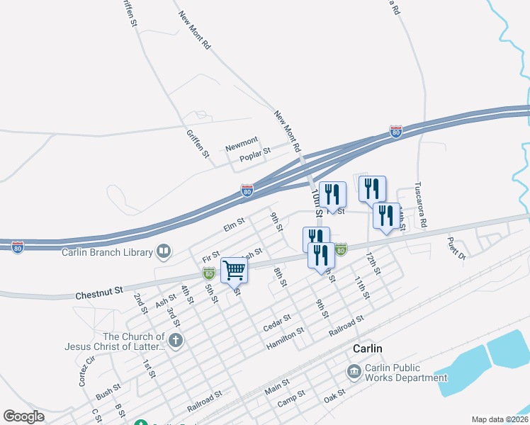 map of restaurants, bars, coffee shops, grocery stores, and more near 600-712 Elm St in Carlin