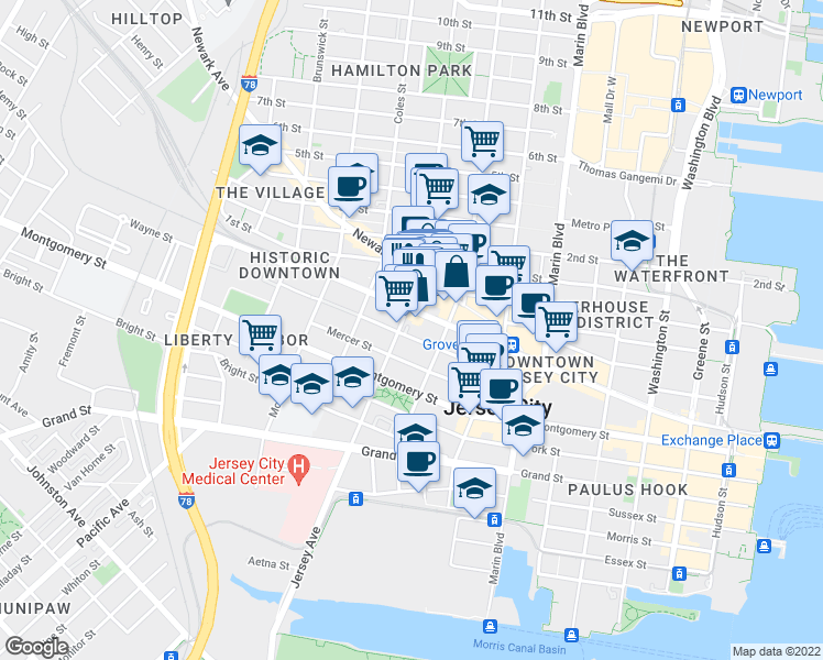 map of restaurants, bars, coffee shops, grocery stores, and more near 166 Christopher Columbus Drive in Jersey City