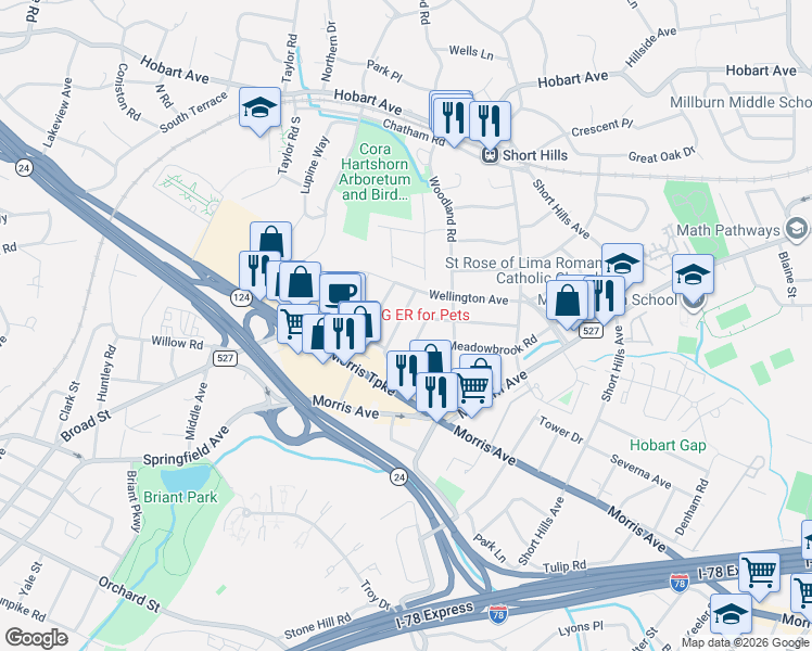 map of restaurants, bars, coffee shops, grocery stores, and more near 23 Elmwood Place in Essex County