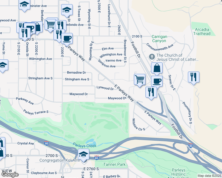 map of restaurants, bars, coffee shops, grocery stores, and more near 2571 Lynwood Drive in Salt Lake City