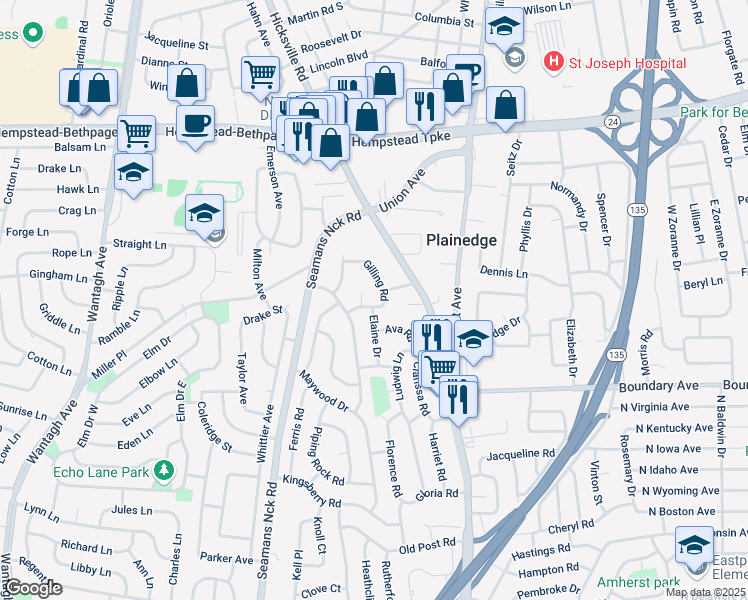 map of restaurants, bars, coffee shops, grocery stores, and more near 224 Gilling Road in Seaford