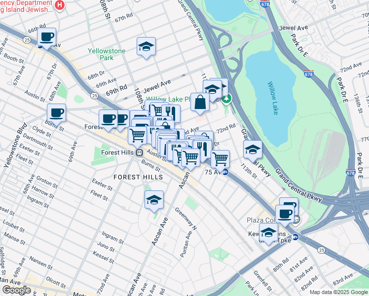 map of restaurants, bars, coffee shops, grocery stores, and more near 72-11 110th Street in Queens