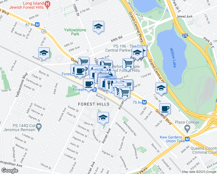 map of restaurants, bars, coffee shops, grocery stores, and more near 108-21 72nd Avenue in Queens