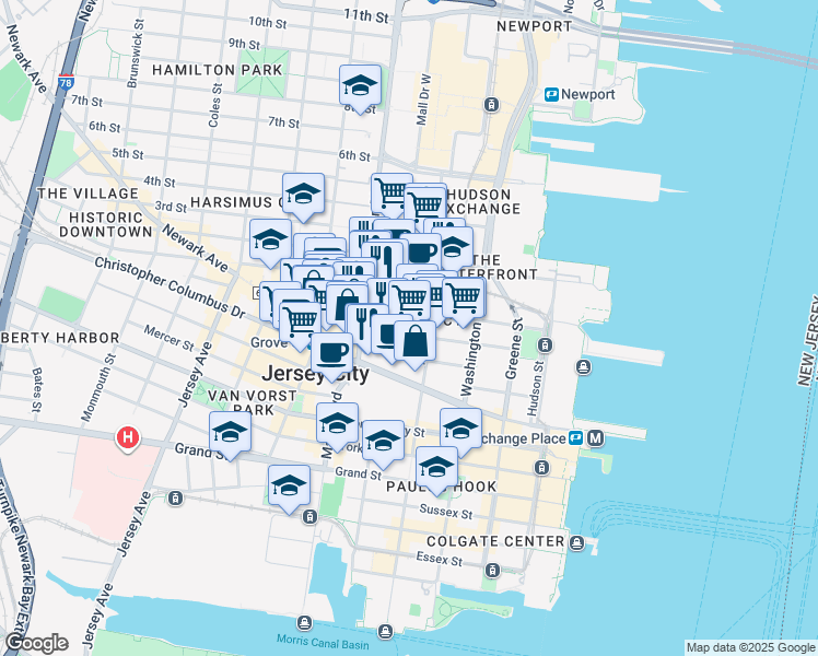 map of restaurants, bars, coffee shops, grocery stores, and more near 155 Bay Street in Jersey City