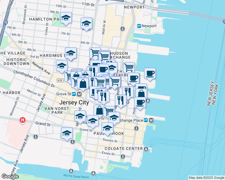 map of restaurants, bars, coffee shops, grocery stores, and more near 350 Warren Street in Jersey City