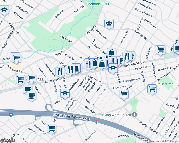 map of restaurants, bars, coffee shops, grocery stores, and more near 10 Marie Place in Maplewood