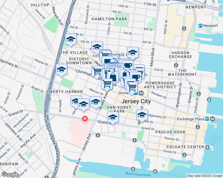map of restaurants, bars, coffee shops, grocery stores, and more near 100 Wayne Street in Jersey City