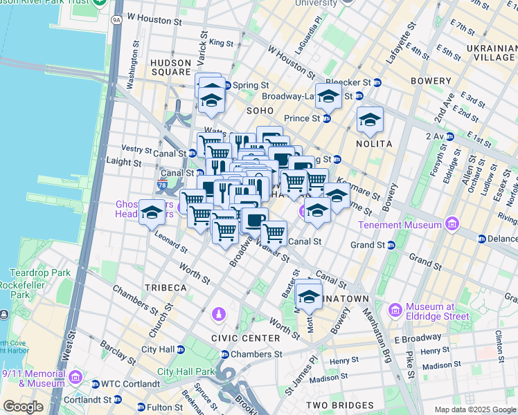map of restaurants, bars, coffee shops, grocery stores, and more near 7 Mercer Street in New York