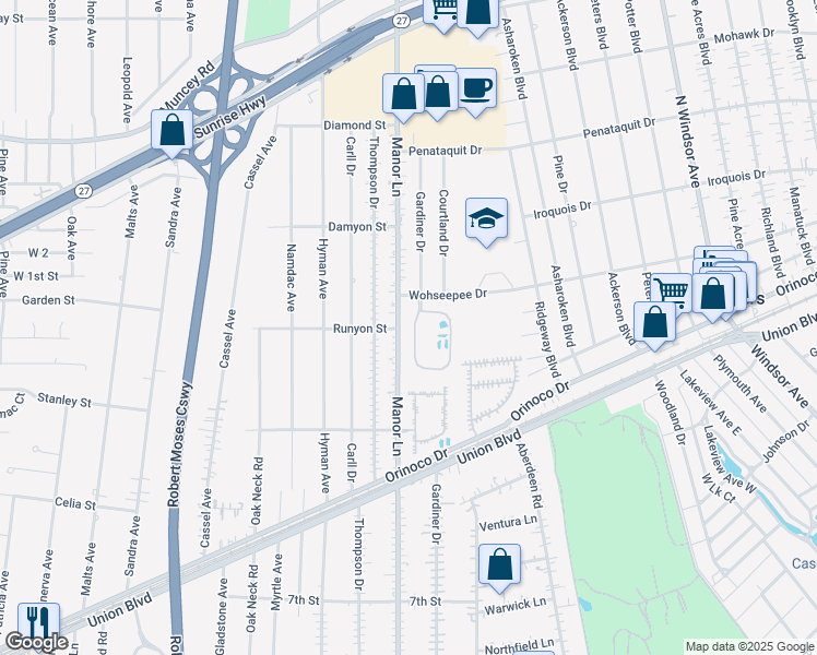 map of restaurants, bars, coffee shops, grocery stores, and more near 14 Mystic Circle in Bay Shore