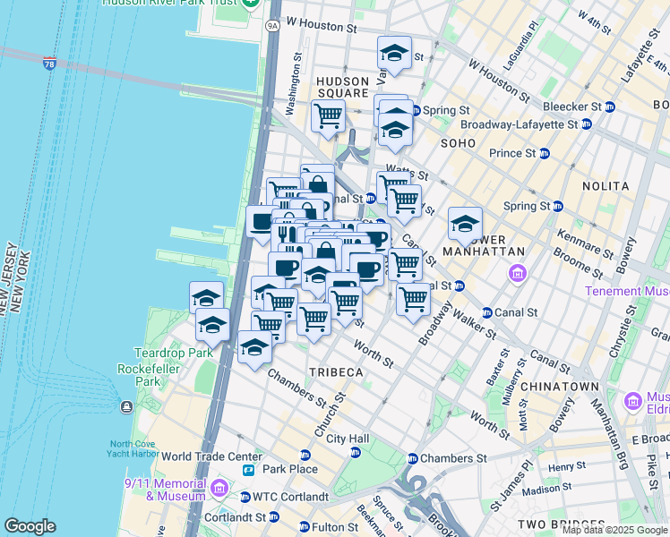 map of restaurants, bars, coffee shops, grocery stores, and more near 129w Hudson Street in New York