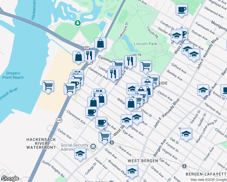 map of restaurants, bars, coffee shops, grocery stores, and more near 12 Miller Street in Jersey City