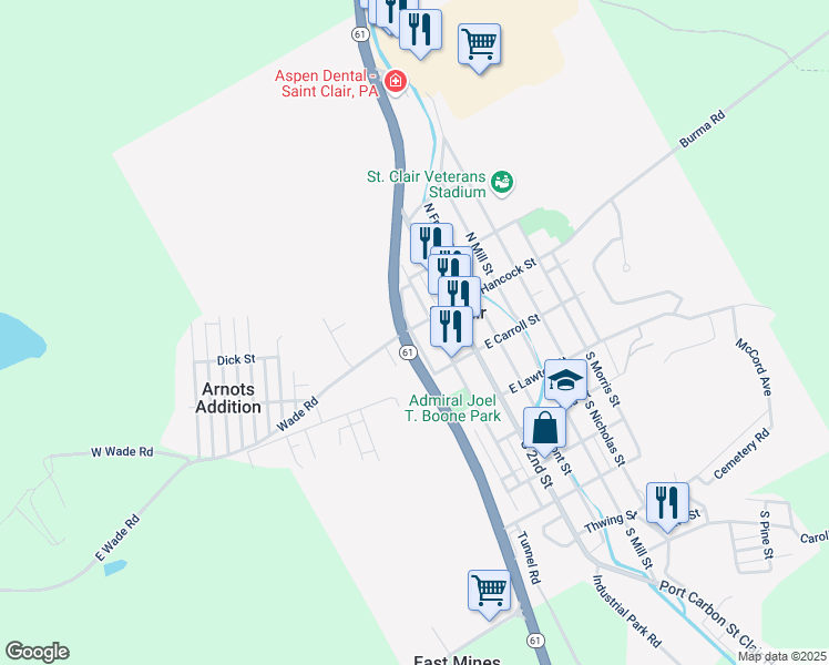map of restaurants, bars, coffee shops, grocery stores, and more near 124 West Hancock Street in Saint Clair